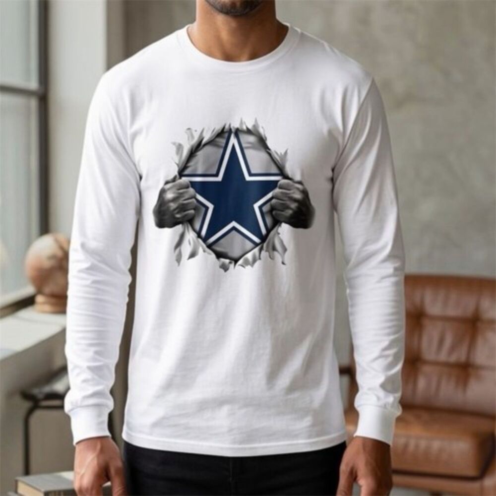 Dallas Cowboys t-Shirt Mens 2XL Gildan White Long Sleeve Tee Burst Out Logo NFL